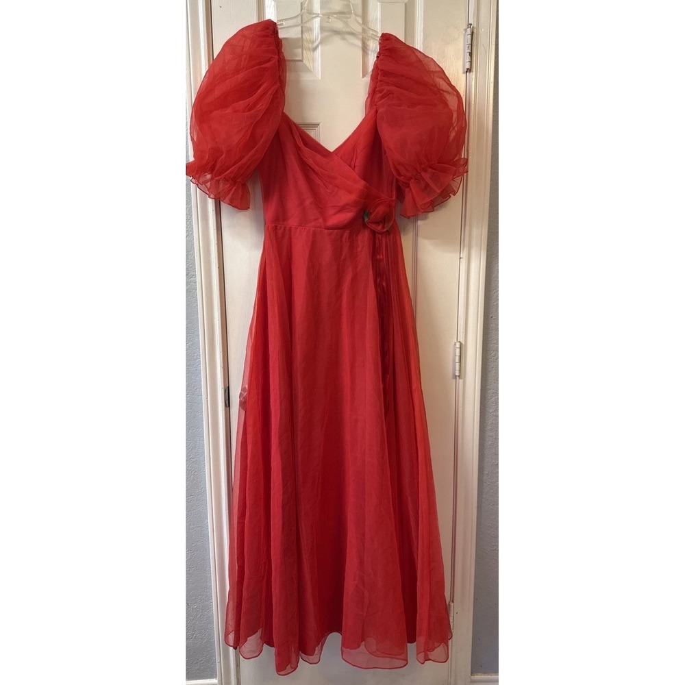 Vtg Red Chiffon Union Made Full Maxi Sweetheart Prom‎ Party Dress Puff Sleeves